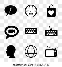 9 simple transparent vector icon pack, set of icons such as Television, Internet, Head, Keyboard, Speech bubble, Shopping bag, Speedometer, bubble