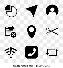 9 simple transparent vector icon pack, set of icons such as Repeat, Telephone, Wifi, Scissors, Placeholder, Calendar, User, Compass, Pie chart