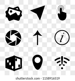 9 simple transparent vector icon pack, set of icons such as Wifi, Placeholder, Dice, Info, Up arrow, Shutter, Tap, Compass, Picture