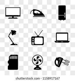 9 simple transparent vector icon pack, set of icons such as Mixer, Fan, Memory card, Computer, Tv, Lamp, Refrigerator, Iron, Television