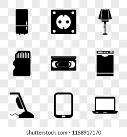 9 simple transparent vector icon pack, set of icons such as Computer, Tablet, Hand blender, Dishwasher, Vhs, Memory card, Desk lamp, Socket, Refrigerator