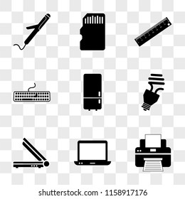 9 simple transparent vector icon pack, set of icons such as Printer, Computer, Scanner, Light bulb, Refrigerator, Keyboard, Ruler, Memory card, Curling iron