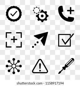 9 simple transparent vector icon pack, set of icons such as Screwdriver, Warning, Share, Tick, Cursor, Focus, Phone, Settings, Check