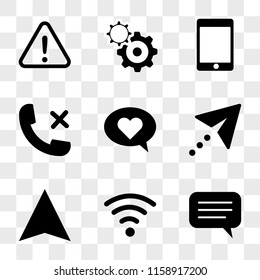 9 simple transparent vector icon pack, set of icons such as Speech bubble, Wifi, Compass, Cursor, Speech, Phone call, Tablet, Settings, Warning