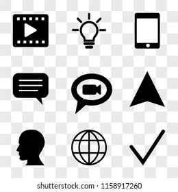 9 simple transparent vector icon pack, set of icons such as Check mark, Internet, Head, Compass, Speech bubble, Tablet, Idea, Video player