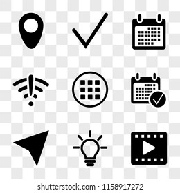 9 Simple Transparent Vector Icon Pack, Set Of Icons Such As Video Player, Idea, Compass, Calendar, Menu, Wifi, Check Mark, Placeholder