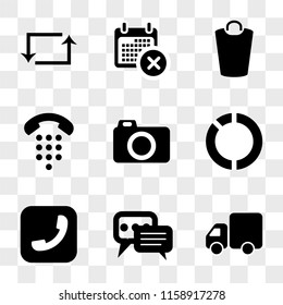 9 simple transparent vector icon pack, set of icons such as Truck, Speech bubble, Telephone, Pie chart, Photo camera, Garbage, Calendar, Repeat