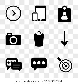 9 simple transparent vector icon pack, set of icons such as Target, Speech bubble, Down arrow, Garbage, Photo camera, Id card, Devices, Right arrow