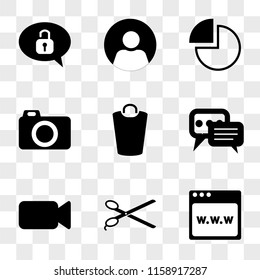 9 simple transparent vector icon pack, set of icons such as Browser, Scissors, Video camera, Speech bubble, Garbage, Photo Pie chart, User, bubble