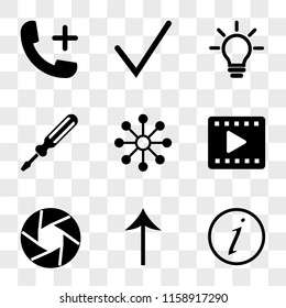 9 simple transparent vector icon pack, set of icons such as Info, Up arrow, Shutter, Video player, Share, Screwdriver, Idea, Check mark, Phone