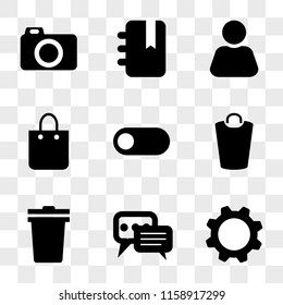 9 simple transparent vector icon pack, set of icons such as Settings, Speech bubble, Garbage, Switch, Shopping bag, User, Agenda, Photo camera