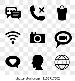 9 simple transparent vector icon pack, set of icons such as Internet, Head, Speech, Speech bubble, Photo camera, Wifi, Garbage, Phone call, bubble