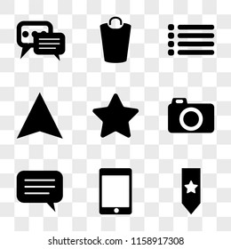 9 simple transparent vector icon pack, set of icons such as Bookmark, Tablet, Speech bubble, Photo camera, Star, Compass, List, Garbage, bubble