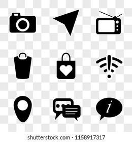 9 simple transparent vector icon pack, set of icons such as Speech bubble, Placeholder, Wifi, Shopping bag, Garbage, Television, Compass, Photo camera