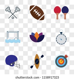 9 simple transparent vector icon pack, set of icons such as Archery, Kayak, American football, Stopwatch, Yoga, Waterpolo, Ping pong, Lacrosse