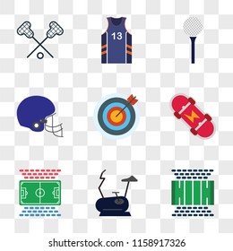 9 simple transparent vector icon pack, set of icons such as Football pitch, Stationary bike, field, Skateboard, Archery, American football, Golf, Basketball jersey, Lacrosse