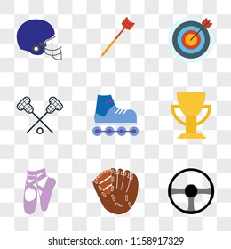 9 simple transparent vector icon pack, set of icons such as Steering wheel, Baseball, Ballet, Cup, Roller skate, Lacrosse, Archery, Darts, American football