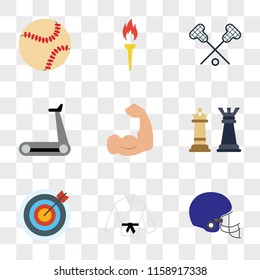 9 simple transparent vector icon pack, set of icons such as American football, Karate, Archery, Chess, Muscle, Treadmill, Lacrosse, Torch, Baseball
