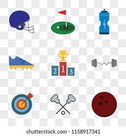 9 simple transparent vector icon pack, set of icons such as Bowling, Lacrosse, Archery, Weight, Podium, Boot, Bottle, Golf, American football