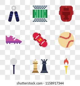 9 simple transparent vector icon pack, set of icons such as Torch, Chess, Golf, Baseball, Skateboard, Boot, Boxing, Football pitch, Strength