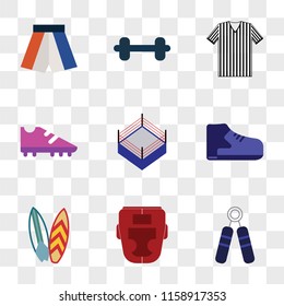 9 simple transparent vector icon pack, set of icons such as Strength, Boxing, Surf, Shoe, Boxing ring, Boot, Referee, Weight, shorts