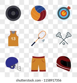 9 simple transparent vector icon pack, set of icons such as Racing Helmet, Shorts, American football, Lacrosse, Badminton, Football jersey, Archery, Volleyball, Weight