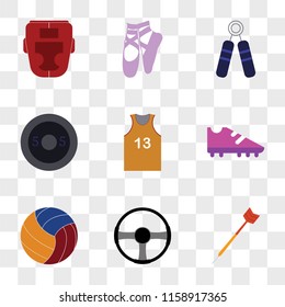 9 simple transparent vector icon pack, set of icons such as Darts, Steering wheel, Volleyball, Boot, Football jersey, Weight, Strength, Ballet, Boxing