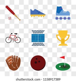 9 simple transparent vector icon pack, set of icons such as Golf, Bowling, Baseball, Cup, Tennis court, Bicycle, Roller skate, Boot, Baseball