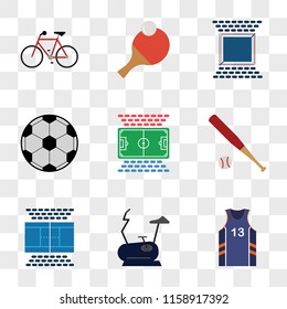 9 simple transparent vector icon pack, set of icons such as Basketball jersey, Stationary bike, Tennis court, Baseball, Football field, Soccer, Boxing ring, Ping pong, Bicycle
