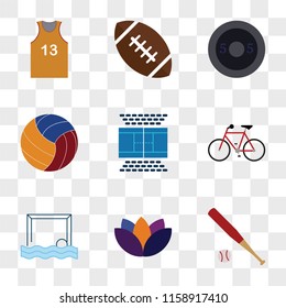 9 simple transparent vector icon pack, set of icons such as Baseball, Yoga, Waterpolo, Bicycle, Tennis court, Volleyball, Weight, American football, Football jersey