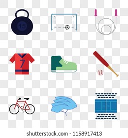 9 simple transparent vector icon pack, set of icons such as Tennis court, Cycling, Bicycle, Baseball, Shoe, Soccer jersey, Jumping rope, Soccer, Dumbbell