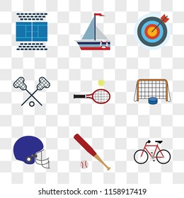 9 simple transparent vector icon pack, set of icons such as Bicycle, Baseball, American football, Hockey, Tennis, Lacrosse, Archery, Yachting, Tennis court