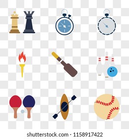 9 simple transparent vector icon pack, set of icons such as Baseball, Kayak, Ping pong, Bowling, Rowing, Torch, Stopwatch, Chess