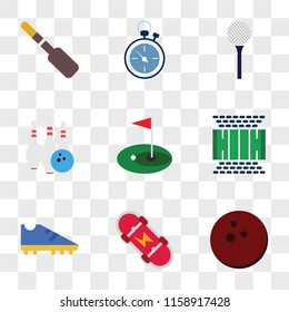 9 simple transparent vector icon pack, set of icons such as Bowling, Skateboard, Boot, Football pitch, Golf, Stopwatch, Rowing