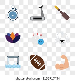 9 simple transparent vector icon pack, set of icons such as Muscle, American football, Waterpolo, Karate, Bowling, Yoga, Rowing, Treadmill, Stopwatch