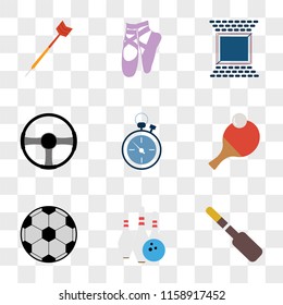 9 simple transparent vector icon pack, set of icons such as Rowing, Bowling, Soccer, Ping pong, Stopwatch, Steering wheel, Boxing ring, Ballet, Darts