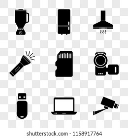 9 simple transparent vector icon pack, set of icons such as Cctv, Computer, Pendrive, Camcorder, Memory card, Flashlight, Extractor hood, Refrigerator, Blender