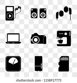 9 simple transparent vector icon pack, set of icons such as Memory card, Refrigerator, Weight, Coffee machine, Photo camera, Computer, Earphones, Speaker, Music player