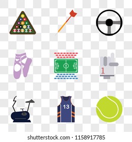 9 simple transparent vector icon pack, set of icons such as Tennis ball, Basketball jersey, Stationary bike, Glove, Football field, Ballet, Steering wheel, Darts, Pool