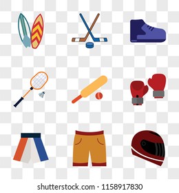 9 simple transparent vector icon pack, set of icons such as Racing Helmet, Shorts, Boxing shorts, Boxing, Cricket, Badminton, Shoe, Hockey, Surf