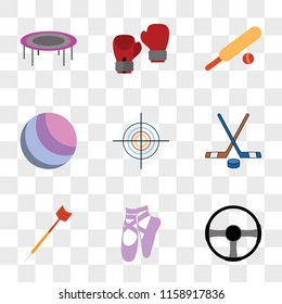 9 simple transparent vector icon pack, set of icons such as Steering wheel, Ballet, Darts, Hockey, Target, Yoga ball, Cricket, Boxing, Trampo