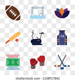 9 simple transparent vector icon pack, set of icons such as Hockey, Boxing, Football field, Basketball jersey, Stationary bike, Cricket, Yoga, Waterpolo, American football