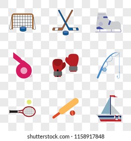 9 simple transparent vector icon pack, set of icons such as Yachting, Cricket, Tennis, Fishing, Boxing, Whistle, Ice skating, Hockey, Hockey