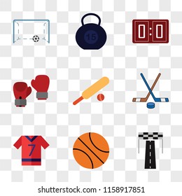 9 simple transparent vector icon pack, set of icons such as Racing, Basketball, Soccer jersey, Hockey, Cricket, Boxing, Scoreboard, Dumbbell, 