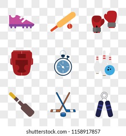 9 simple transparent vector icon pack, set of icons such as Strength, Hockey, Rowing, Bowling, Stopwatch, Boxing, Cricket, Boot