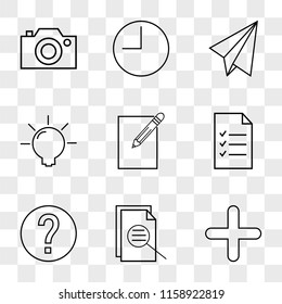 9 simple transparent vector icon pack, set of icons such as Add, File, Info, List, Edit, Idea, Paper plane, Time, Photo camera