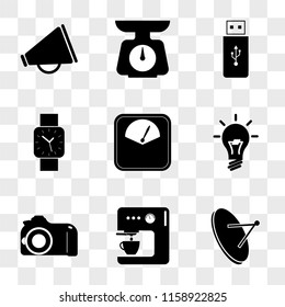 9 simple transparent vector icon pack, set of icons such as Satellite dish, Coffee machine, Photo camera, Light bulb, Weight, Wristwatch, Flash drive, Scale, Megaphone