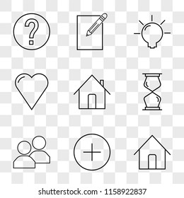 9 simple transparent vector icon pack, set of icons such as Home, Plus, Users, Hourglass, Like, Idea, Edit, Info