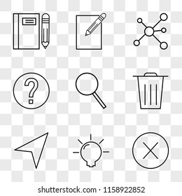 9 simple transparent vector icon pack, set of icons such as Error, Idea, Navigation, Garbage, Search, Info, Network, Edit, Notebook
