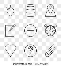 9 simple transparent vector icon pack, set of icons such as Attachment, Info, Like, Alarm clock, Menu, Edit, Placeholder, Database, Idea